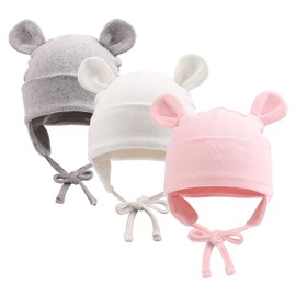 Pesaat Cotton First Hats 0-12 Months Baby Hat Newborn Girls Boys Baby Beanie Newborn Hat with Ears and Band, Summer, Spring, Winter, White + Grey + Pink