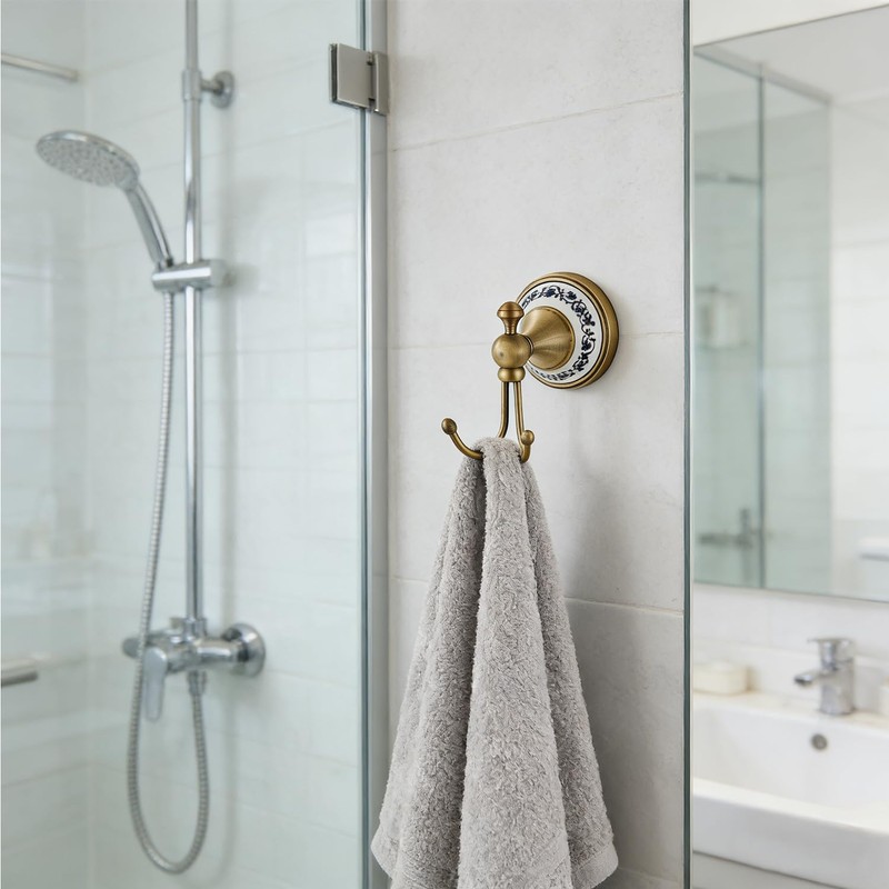 NEWRAIN Towel Hooks for Bathrooms, Wall Mounted Antique Brass Towel