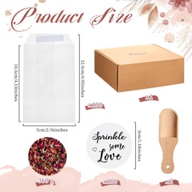 Tenare 100 Sets Wedding Confetti Bags Kit for 95-100 Guests, Includes Natural Dried Flower Rose Petals Glassine Confetti Bags Stickers Wooden Scoop and Display Box for Engagement Anniversary (Simple)