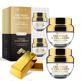 Clear Beauty 24K Gold & Collagen Day/Night Moisturizer Set - Dermatologist Tested, Hydrating, Anti-Aging Cream, Natural Ingredients, Cruelty Free Korean Skin Care, All Skin Types - Value Pack