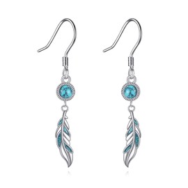 Feather Earrings 925 Sterling Silver Turquoise Feather Dangle Earrings Jewelry Present for Women Mom