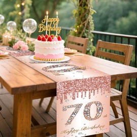 Minicloss 70th Birthday Table Runner Rose Gold 70th Birthday Decorations Table Runner For Women, 70 Years Old Birthday Table Linens For Happy 70 Birthday Party Table Decorations