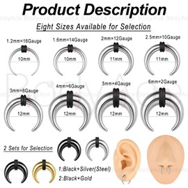 BodyAce 2Pairs Buffalo Ear Taper Kit, 2-12G Septum Pincher Tapers C Shape Nose Jewellery, Black Stretching Ear Piercing Expanded Septum Ring with O-Rings [12G(2mm)]