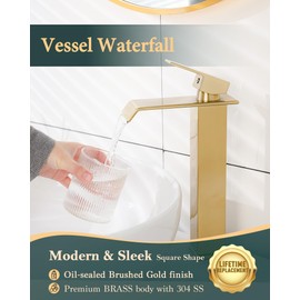 KUZOR 1PC Vessel Sink Faucet Brass 304 Stainless Steel, Tall Bathroom Faucet 1 Hole 5-Minutes Installation - for Bathroom/Vanity/Bowl Sink - 11.26 Inch Height, 24.9 Oz Weight - Brushed Gold