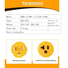 Generator Adapter Plug, NEMA L5-30P Male Twist Lock to NEMA 5-15R/5-20R Female RV Generator Adapter Plug, 30 Amp to 110V 15 Amp/120V 20 Amp Household Regular Inlet Connector, Shore Power 3 Prong