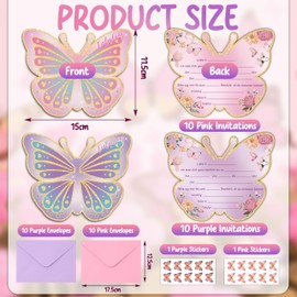 Dercylele 20 x Invitation Cards Children's Birthday Girl Butterfly Invitation Cards Children's Birthday Party with 20 Envelopes Stickers, Butterfly Decoration Birthday