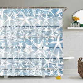 FILMILIL Starfish Shower Curtain Beach Ocean Coastal Marine Life Cartoon Abstract Nautical Watercolor Vintage Blue Wooden Plank Summer Boys Bathroom Curtain Set Polyester Fabric Hooks 70 X 70 Inch