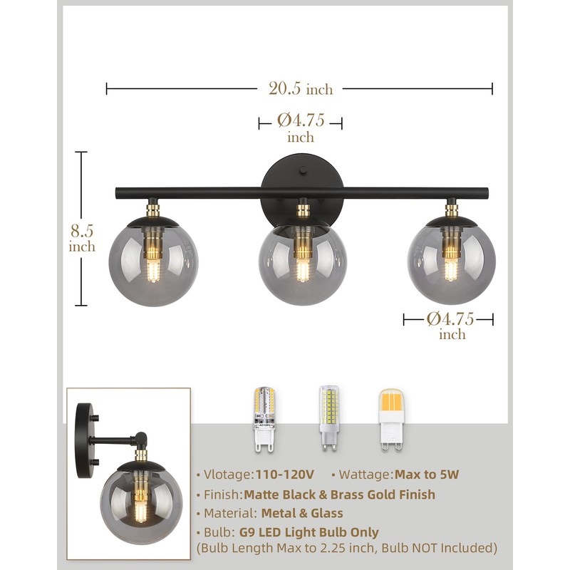 LMS Black Bathroom Vanity Light, 20.5 Inch 3-Light Modern Bathroom