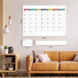 Large Dry Erase Calendar for Wall - Undated Dry Erase Calendar, Erasable Laminated Calendar for Wall with 8 Round Stickers, 40" x 28", Monthly Calendar for Office, Home, Classroom - Colorful