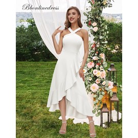Bbonlinedress Women White Wedding Cocktail Halter Prom Dress Bride Bridal Shower Summer Beach Ruffled Maxi Hi-lo Dress White S