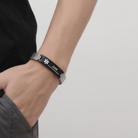 AOAMID Stretch Medical Alert Bracelets for Men Stainless Steel medical Bracelets for women with Free engraving-(dnr-silver-black-f-7.75 in)