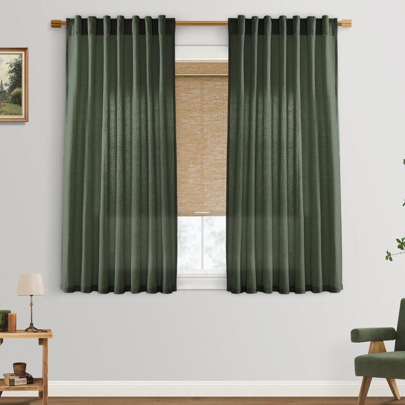 Short Curtains for Bathroom Window,Dark Olive Green Boho Decor Shower,Sheer
