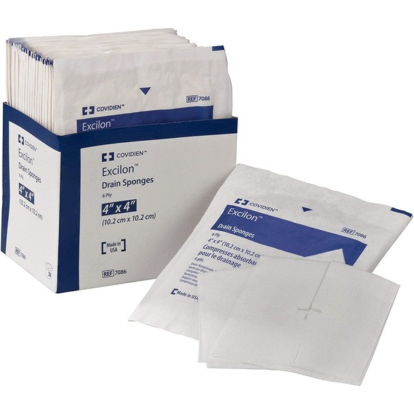 Covidien 7086 Excilon Drain Sponge, Sterile 2's in Peel-Back Package, 4" x 4", 6-ply (Pack of 50) - 2 Box