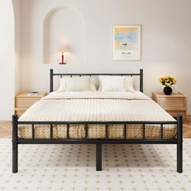 zizin King Size Metal Bed Frame with Headboard & Footboard 14 Inch Metal Platform Mattress Foundation Support with Steel Slat, Under Bed Storage, No Box Spring Needed