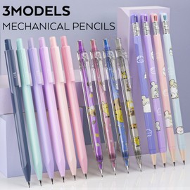 Nicpro 32PCS Cute Mechanical Pencil Set in Case, 14PCS Pastel Aesthetic Pencils 0.5 & 0.7 & 0.9 mm & 2mm Lead Holder, 12 Tubes Lead Refills(2B HB Colors), 3 Erasers For School Student Girls Writing