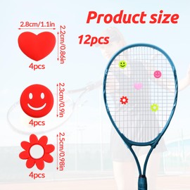 Luxvara 12 Stück Lustige Vibrationsdämpfer Tennisschläger für Tennisschläger SaitendäMpfer, Silikon Herzförmiger Smiley Blumen Tennis Dämpfer, Tennisschläger Stoßdämpfer, Tennis Zubehör, 4 Farben