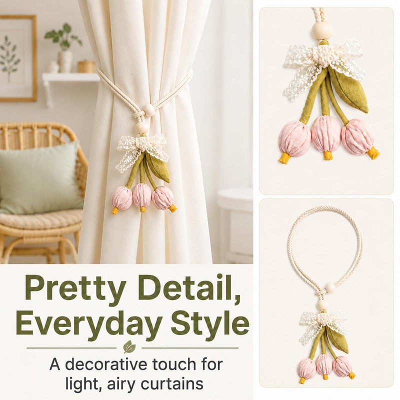 Set of 2 Pink Floral Curtain Tie Ropes with Lace