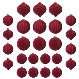 KI Store Velvet Christmas Baubles Red 25pcs Shatterproof Flocked Christmas Tree Ornaments 80mm 60mm Assorted for Xmas Tree Decorations