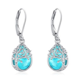 LOOVE Sterling Silver Tree of Life Earrings Dangle Turquoise Teardrop Earrings for Women Leverback Tree Drop Earrings Turquoise Jewelry