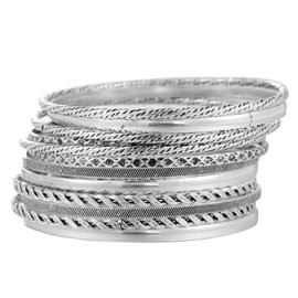 WHENZOO 12 Pcs Boho Bangles for Women, Lightweight Metal Bangle Bracelet Set, Stackable Trendy Layered Bangles, Multipack Vintage Ladies Hand Jewellery for Women Girls Jewelry Gifts (Silver)