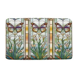 Flower Butterfly Bath Mat Stained Glass Green Leaves Floral Butterfly Glaze Glass Screen Window Modern Memory Foam Home Office Door Bathroom Decor Mat,17.8"x29.5"