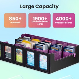 Collectible Trading Card Cases with Portable Handle, with 48 Colorful Divider Tabs&5 card supporters,5 card holders, one bag,PU Leather Commander Card Deck CaseforMTG Game Cards (5 Rows-Black&Purple)