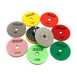 OKVEQUIP 8Pcs 4-Inch Diamond Polishing Pads Granite Sanding Wet Dry for Stone Quartz Concrete Marble Floor Grinder Polisher 50-3000 Grit with 5/8"-11 Drill Adapter and Hook and Loop Back Holder