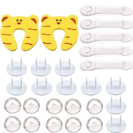 27PCS Kit de seguridad para el hogar para el hogar, 10 Corner Edge Protector, 10 Cubiertas de Enchufe de Salida, 5 Refrigerador clóset Cerraduras, 2 Protector de dedo para puerta