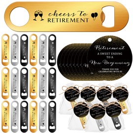 Maxcheck 25 Sets Retirement Party Favors for Guests Beer Opener Stainless Cheers to Retirement Steel Flat Bottle Opener with Thank You Tags Organza Bags Black and Gold Retirement Party Souvenirs