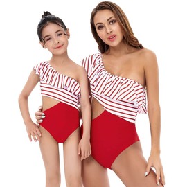 Mommy and Me Swimsuits Mother Daughter One Shoulder Bikini Set Matching Family Bathing Suits Mom and Daughter Swimsuits, Ruffle Striped, Large