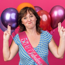 50 and Fabulous 50th Birthday Sash with Iridescent Foil, Hot Pink Funny Birthday Sash for Women 50th Birthday Party Ideas, Gifts, Jokes and Favors(Hot Pink + Iridescent)