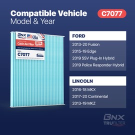 BNX TruFilter C7077 Filtro de aire de cabina, HEPA 99.97%, fabricado en Estados Unidos, compatible con Ford Edge, Fusion, Police Responder Hybrid, SSV Plug-In Hybrid; Lincoln Continental, MKX, MKZ