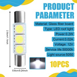 QZTYTY 10PCS T6 5050 Car LED Sun Visor Lights, Festoon LED Bulb, Car 28mm LED Reading Light, Car Interior Sun Visor Vanity Mirror Dome Light Lamp Universal for Most Vehicles (White)