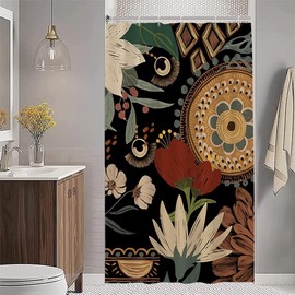 Uiiooazy Shower Curtain, Boho Style, Shower Curtain, Abstract Flowers, Vintage Green Leaves, Slim Shower Curtain, Anti-Mould, Waterproof Polyester Fabric, Washable, Opaque Bathroom Curtain with Hooks,