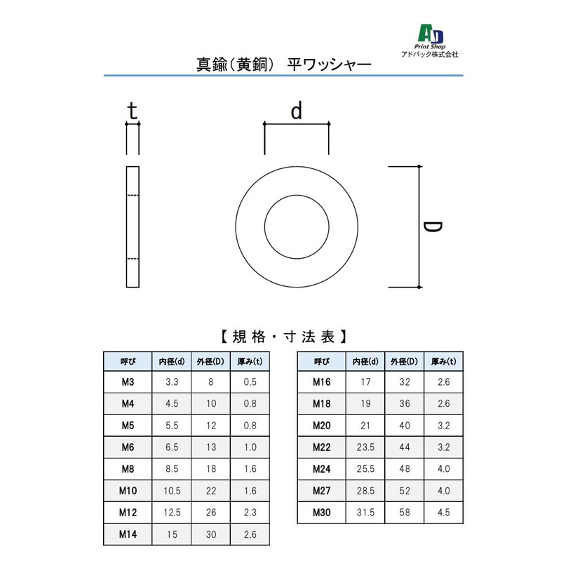 Ad Pack [Made in Japan] Brass Flat Washer M6 [30