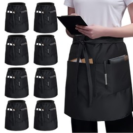 BORDEAG Waiter's Apron, Pack of 8, 55 x 86 cm, Black Waist Apron with 3 Pockets, Waist Apron, Black, Waiter Apron, Short Kitchen Apron for Cafe, Restaurant, Kitchen, Bar, Waiter, Baker, black