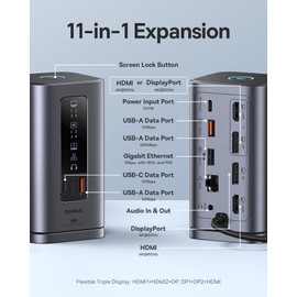 Baseus Docking Station Spacemate Series 11-in-1 Docking Station 3 Monitors with 2 x HDMI 1 x DP 4K @ 60Hz, 3 x USB-A/C 10 Gbps, 1 Gbps Ethernet, 100 W PD, Compatible with Laptop
