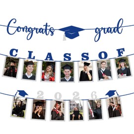 Class of 2026 Graduation Picture Banner Party Decorations, DIY Congrats Grad Grad Photo Banner for High School College Classroom Parties Supplies - Fits photos up to 4"x6" (Blue and Silver)