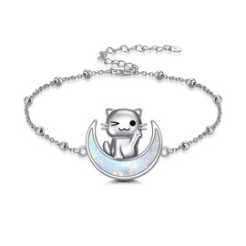 LWQQWL Cat Bracelet for Women 925 Sterling Silver Opal Moon Cat Bracelet Cute Moon Cat Jewelry Gifts