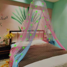 Eimilaly Two-Tone Bed Canopy Stars Glow in The Dark Pink Blue, Mosquito Net Bed Canopy for Girls Room Decor, Single Door