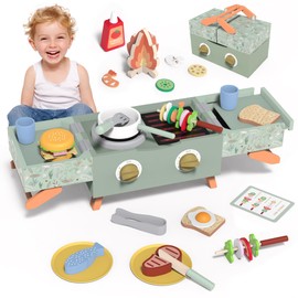 Wooden Kids Grill Playset, Barbecue Kitchen Toy Set for Kid Cooking, BBQ Grill Play Set with Sound Simulation Outdoor Camping Cooking Toys Birthday Gift for Boys Girls