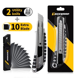 TECKWRAP Utility Knife, Retractable Box Cutter Heavy-Duty Knives for Cardboard, Drywall, Vinyl, Leather, carpet，Crafts, Office & Home Use, Quick Change Blade Razor Knife, 2-Pack with 10 Extra Blades