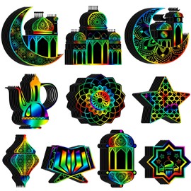 Frienda 80 Pieces Ramadan Scratch Paper Kit for Kids Eid Mubarak Paper Scratch off Card DIY Star Moon Lantern Hanging Ornament for Muslim Islam Eid Al Fitr Party Classroom School DIY Activity Supplies