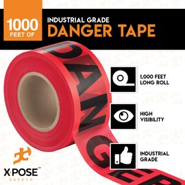 Xpose Safety 12pk Danger Tape Roll - 12 Rolls - 1000 Ft x 3 Inch Wide Each - Red Safety Tape for High Visibility Warning, Flagging Construction Hazard, Crime Scene Barrier, Danger Zone