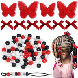 Arocooy 100PCS Hair Beads for Braids Coquette Red Bow Hair Clips Embroidery Butterfly Hair Clips Black Loc Dreadlock Beads Cute Hair Decoration for Girls Women