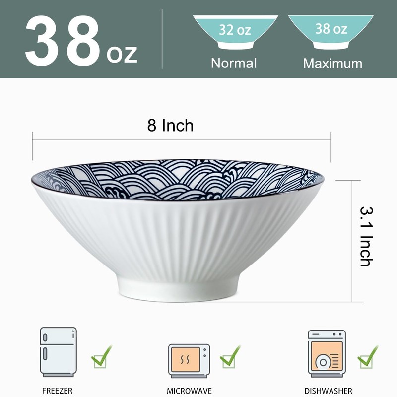 Zscera 38 oz Japanese Ramen Bowl Set of 6, 8-Inch