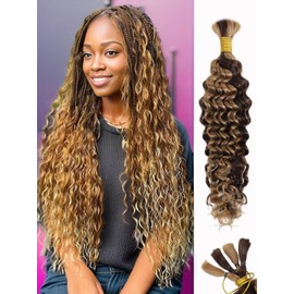 P4/27 Ombre Braiding Hair 1 Bundle 50g 20 Inch Human Hair Deep Wave Honey Blonde Braiding Hair Highlight Water Wave Bulk Human Hair 100% 12A Brazilian Brown Bariding Hair for Boho Braids
