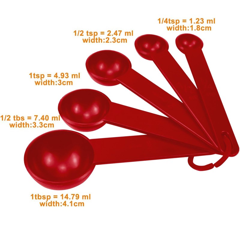 Set of 5 Measuring Spoons in Red Measuring Cups Plastic