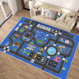 Fuzorise Kids Car Road Rug for Playroom, Washable Non-Slip Kids Rug for Girls & Boys Bedroom, Kids Carpet Educational City Traffic Route Playmat for Classroom