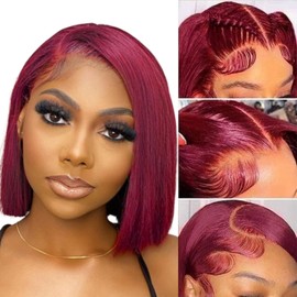 VYCRAVE 99j Bob Wig Human Hair 13x4 HD Transparent Lace Front Wigs Human Hair Pre Plucked with Baby Hair Glueless Wigs Human Hair 180% Density Straight Frontal Lace Wig Burgundy Short Bob 8 inch